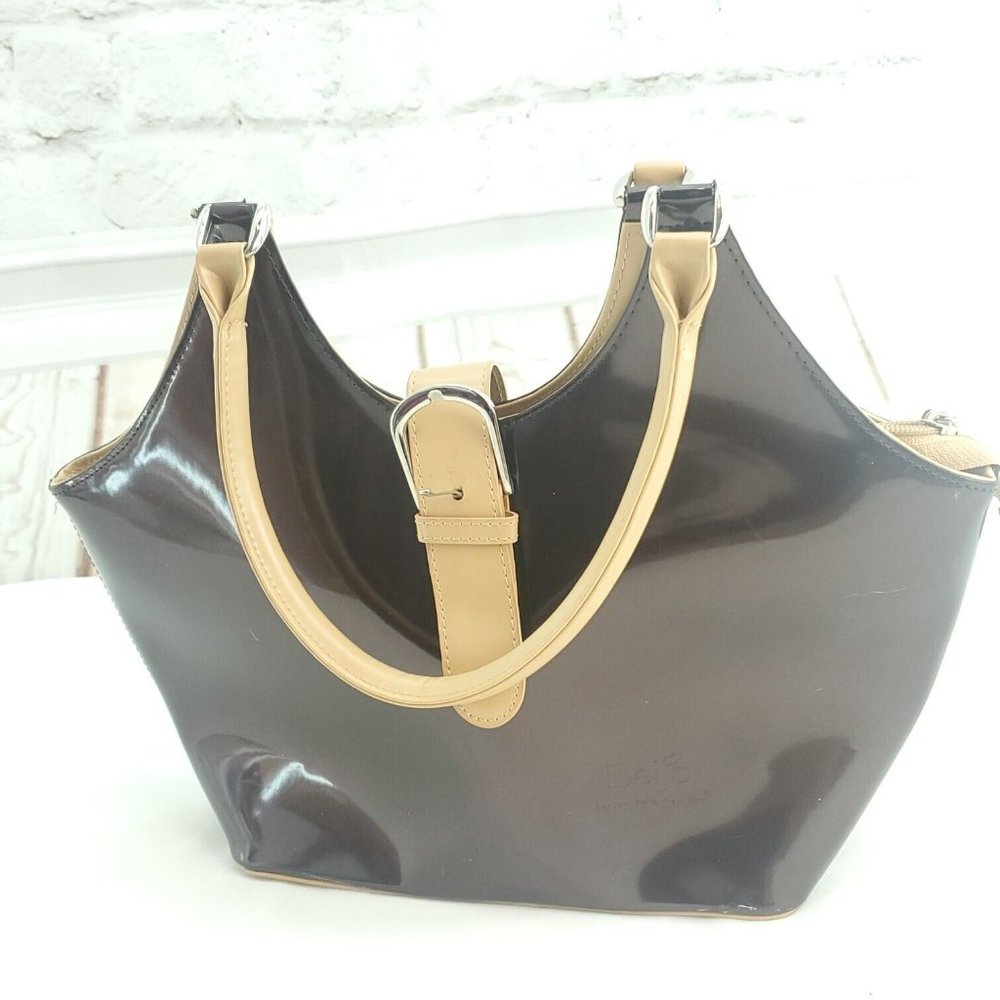 Beijo Womens Dark Brown Patent Leather Buckle Front Inner Pockets Lined Handbag